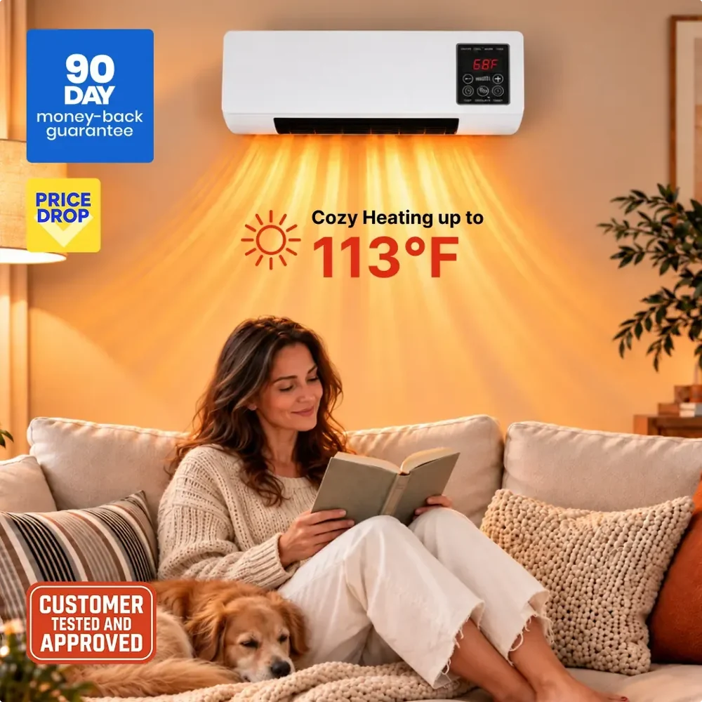 Cozy Cove Pro promotional image showing a wall-style heater in a living room