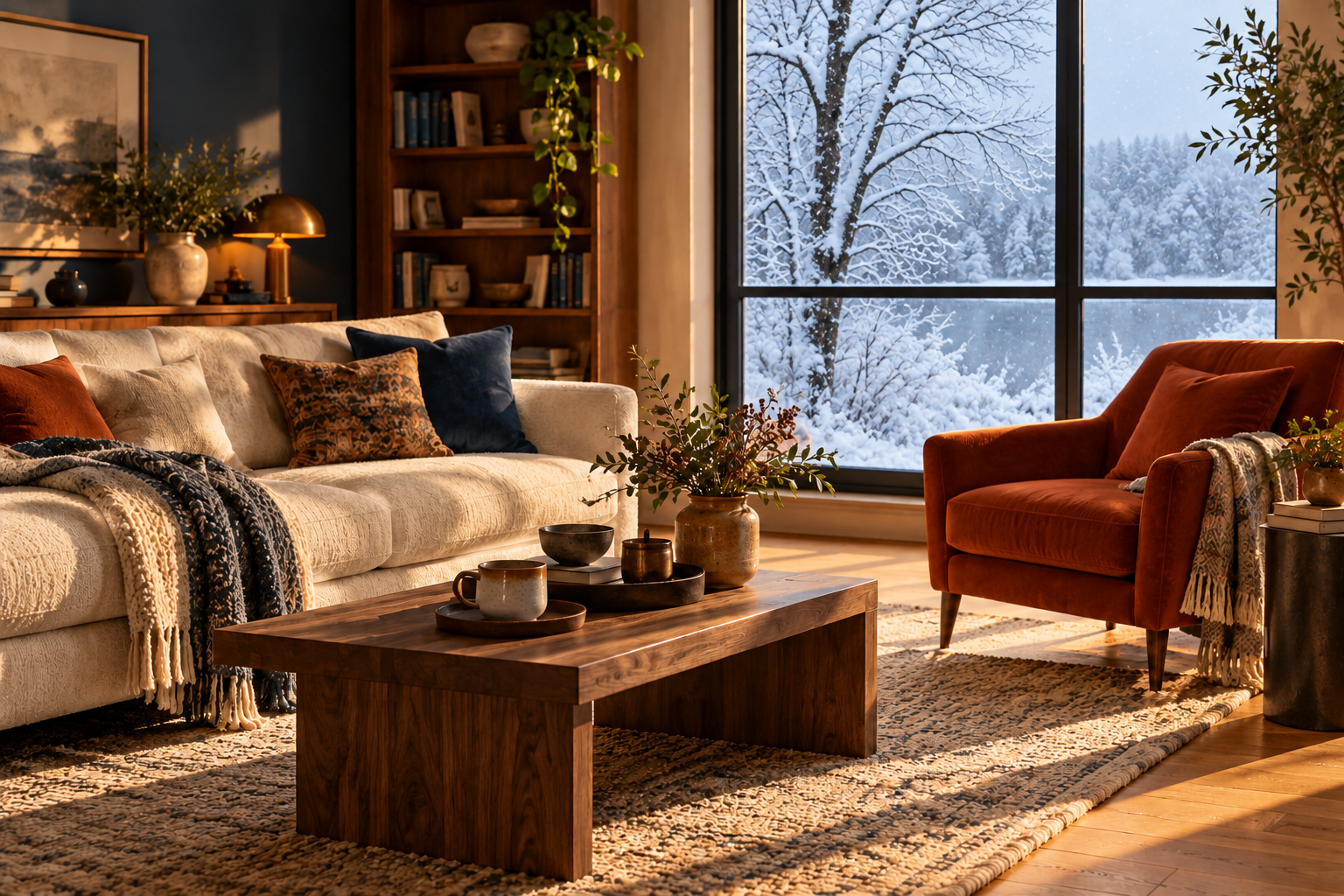 Sunlight falling across a cozy living room with a cream sofa and rust-colored armchair