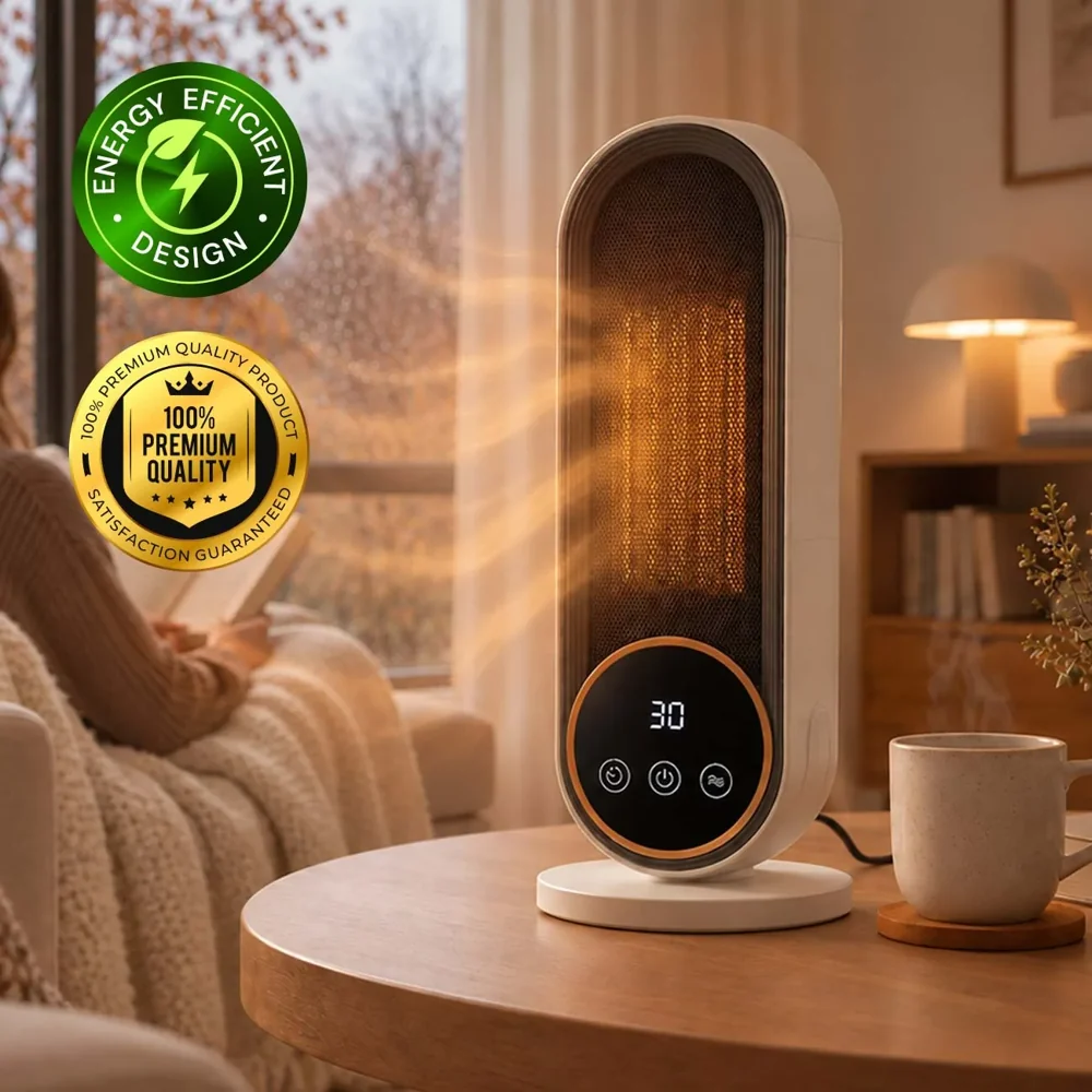 Heatomi PTC Heater promotional image showing a freestanding heater